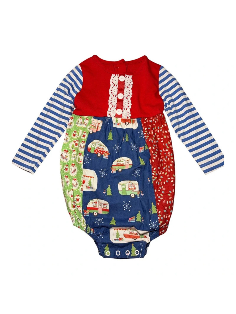 Ricrac and Ruffles 24M/2T Long-Sleeve Christmas Camper Print Bubble Romper